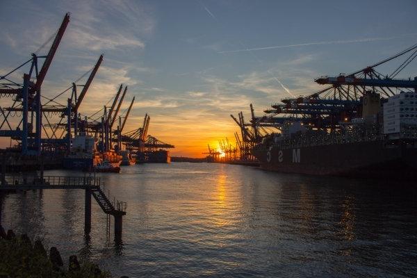 Cargo ships and cranes at sunset